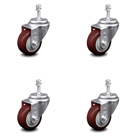 Service Caster 3 Inch Maroon Polyurethane Wheel Swivel 10mm Threaded Stem Caster Set SCC SCC-TS20S314-PPUB-MRN-M1015-4
